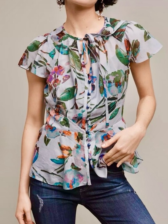 Anthropologie Tops - Anthropologie Floreat Amarillo Cinch-Waist Floral Silk Top Light Grey size 12